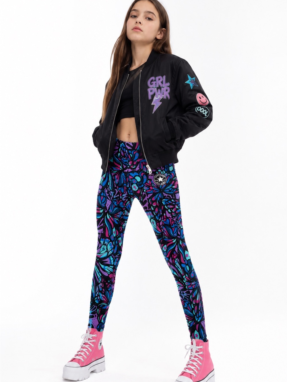 Converse All Star Girls L 12-13 Psychedelic Floral Print Leggings Purple Blue